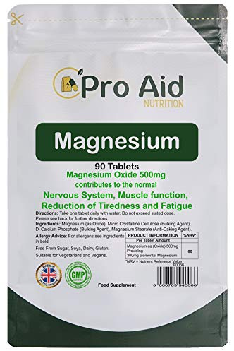 Magnesium 500mg Tablets 90 Pack by ProAid | Vegan & Vegetarian | 3 Months Supply | Made in UK | Easy to Swallow 11mm Tablets