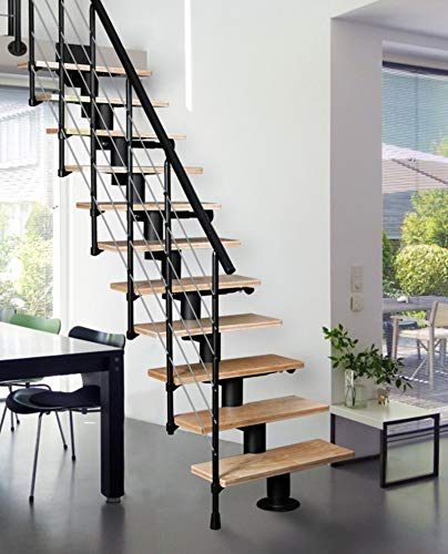 Systemtreppe Atrium Dixi, schwarz, Geschosshöhe 222-300 cm, mit 70 cm Holzstufen in Buche Natur