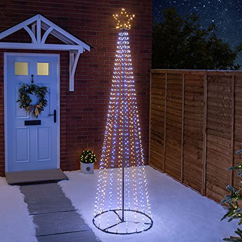 Christow Maypole Christmas Tree, Light Up Outdoor Decoration, Flashing White and Warm White Micro LED Pyramid Light, Mains Operated (2.4m)