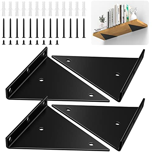 Housolution Supports d'Étagère Triangulaires de 15,2 cm, Lot de 4 Supports de Fixation Murale en Fer Robuste avec Vis, Équerre d'Étagère Murale Angle Droit Invisible avec Grande Capacité, Noir