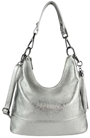 OBC Made in Italy Damen Leder Tasche Umhängetasche Shopper Schultertasche Handtasche Crossbody Hobo Bag Crossover Ledertasche Damentasche Fransen Silber