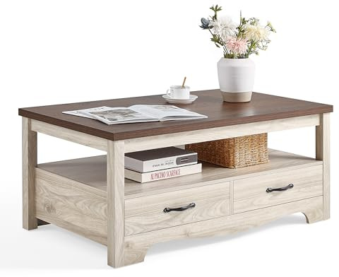 LINSY HOME Farmhouse Coffee Table with Storage, Wood Coffee Table for Living Room, Open Display Area and Storage Drawers with Metal Handles, Chic Style with Curved Base. Oak and Brown