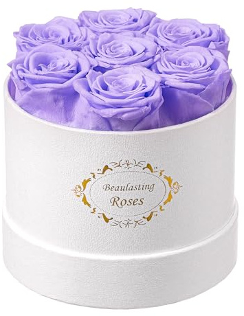 Beaulasting Long Lasting Preserved Roses in a Box Last a Year Forever Flowers for Her Mom Wife Anniversary Birthday (Round White Box, Light Purple Roses)