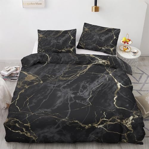 GEDAEUBA Winter Bettwäsche 140x200 Marmor - Schwarz Gold Bettbezug 140x200 2er Set, Wendebettwäsche und Kissenbezug 70x90, Weiche & Angenehme & Warme Mikrofaser Bettwäsche-Sets mit Reißverschluss
