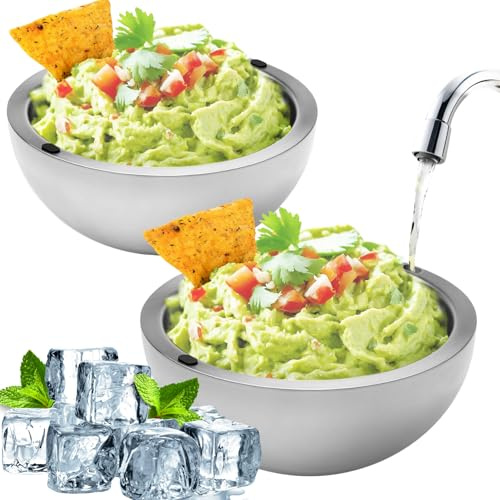 KoolCool Dip Chiller Bowl - 35oz Capacity - Frozen Ice Stainless Steel Party Serving Bowl - Insulated Dip Dish Platter Keeps Salsa, Guacamole, Condiments, Sauces, Salad & Food Hot or Cold (2 Bowls)