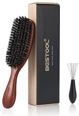 BESTOOL Spazzola per Capelli e Barba Con Setole di Cinghiale - per Uomo e Donna, Capelli Sottili e Fini - Manico in Ebano