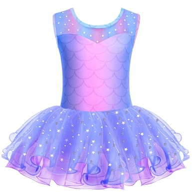 Zaclotre Girls Ballet Leotards Sparkly Sleevesless Mesh Dance Dress Tutu Ballerina Costume for Kids Mermaid 4-5 Years
