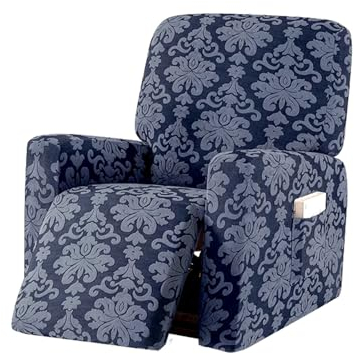 LIFEDX Sesselbezug Relaxsessel Stretchhusse für Relaxsessel Jacquard 4-Teilig,Stretch Sesselschoner Relaxsessel mit Taschen,Elastisch Recliner Bezug für Fernsehsessel Liege Sessel - Blue||1 Seater