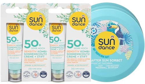 SUNDANCE 3er-Set Sonnenschutz: 2 x Sensitiv Kombi SONNENCREME & LIPPENPFLEGESTIFT für empfindliche Ohren, Lippen & Gesicht, LSF 50+ (2 x 23 ml) + After SUN Sorbet hautberuhigend (200 ml), 246 ml