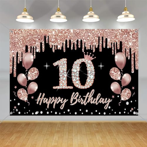 10. Geburtstag Dekorationen für Mädchen, Happy 10 Years Old Hintergrund Banner Rosegold Stoff Schild Poster, 10. Geburtstag Party Supplies Foto Hintergrund Willkommensschild, 150 cm x 90 cm