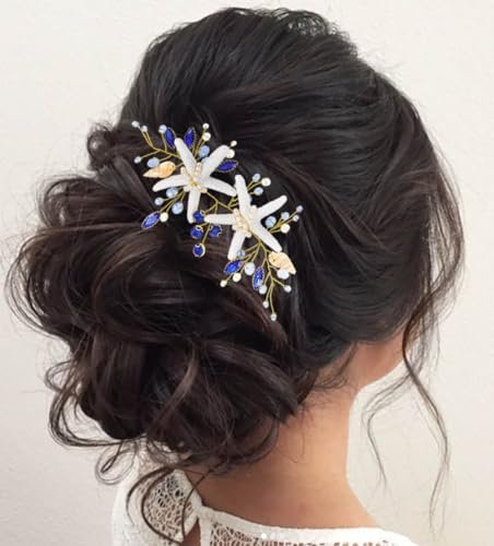 Edary Seestern Hochzeit Haarranke Gold Kristall Braut Haarteil Perlen Haarschmuck Braut Muschel Stirnband für Frauen und Mädchen