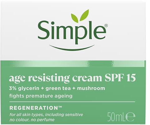 Simple Regeneration Age Resisting Face Cream SPF 15 with 3% Glycerin, Green Tea and Mushroom Extract Anti-Ageing Moisturiser 50 ml