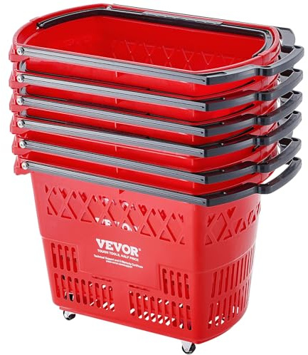 VEVOR Panier de courses, lot de 6, panier à provision en plastique roulant sur roulettes, 39 L, avec poignée, 540x530x365 mm, grand panier portable pour magasin de détail, supermarché, épicerie, rouge