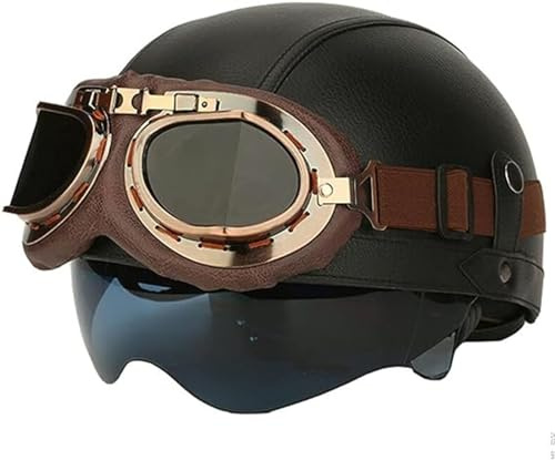 Retro Deutscher Leder-Motorrad-Halbhelm, ECE-geprüft, offener Helm für Erwachsene, Männer und Frauen, mit Schutzbrille, für Cruiser-Scooter, Moped, Chopper, Jet-Helm B,XL/(61~62cm)