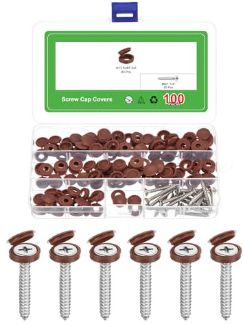sourcing map 80Pcs Dark Brown Color Screw Covers Caps with 20Pcs #8x1-1/4 (4.2 x 32mmmm) Stainless Steel 304 Flat Head Wood Screws for TV or Furniture (PVC)