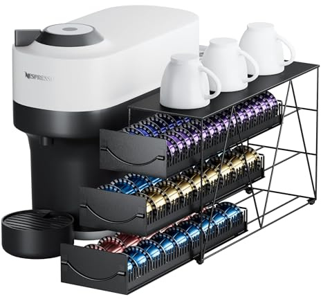 Organizador de Cápsulas Nespresso Vertuo y Dolce Gusto - Soporte Antideslizante y Silencioso para 42-90 Cápsulas Vertuo & 45 Dolce Gusto, Cajón Metálico para Almacenamiento de Café