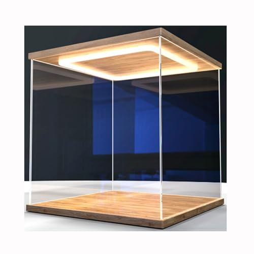 XLIHAWY Acrylvitrine, Durchsichtig Spielzeug-Geschenke Organizer-Behälter Mit Tür, Massiver Holzsockel Vitrine Mit Licht Für Figuren Automodelle(30x30x25cm)
