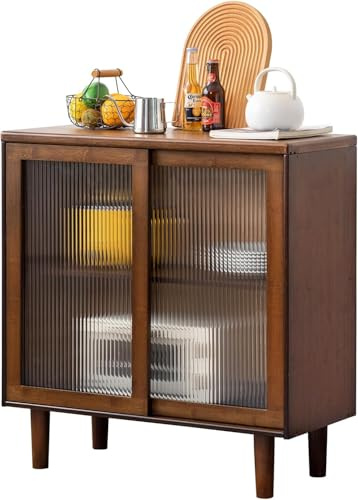 Welnow Buffet Cabinet, Bamboo Sideboard with Storage Kitchen Display Cabinet with 2-Tier Shelves Boho Coffee Bar Tables for Kitchen, Living Room, Entryway, Office, Walnut