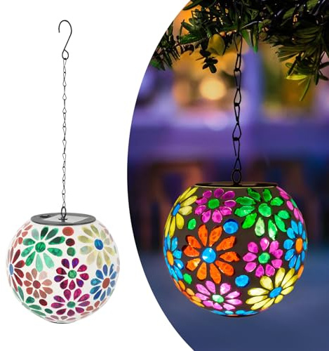 Dreamskip Colorful Solar Hanging Lanterns Glass Mosaic Gazing Ball Globe Hanging Lantern Lights Outdoor Waterproof for Patio Garden Yard Home Decor (Flowers)