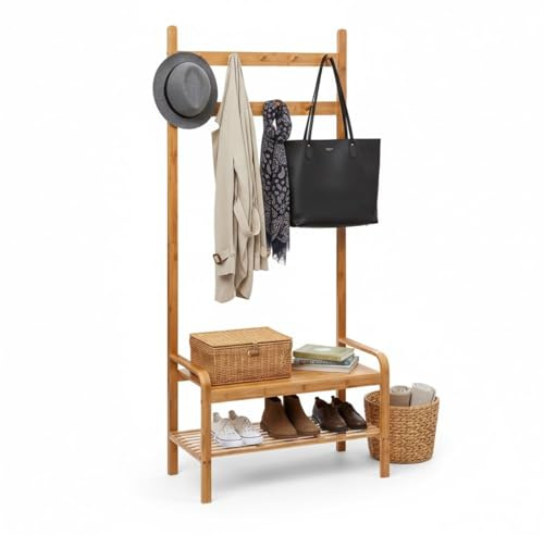 THINIA HOME - Perchero de Pie de Bambú Natural con Banco Zapatero y Ganchos de Madera, Organizador de Entrada, Dormitorio o Recibidor, Estilo Nórdico, 73.5x34.5x170 cm