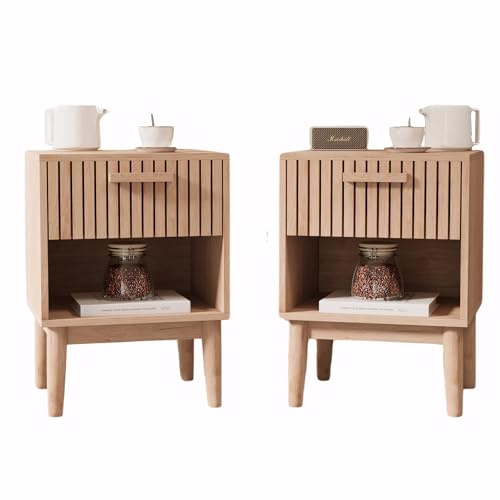 jeerbly Nachttisch 2er Set, Beistelltisch mit Schublade und offener Ablage, Holz Couchtisch Nachtkommode Nachtschrank für Wohnzimmer Schlafzimmer, Natur, 40x35x55 cm