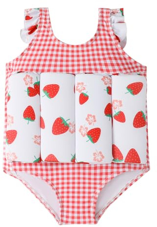 ABEHIK Kids One-Piece Floatation Swimsuit Toddler Boys Girls Cute Strawberry Float Suit One Piece Floating Swimwear Swim Vest with Adjustable Buoyancy Life Bathing Suit Pink 9-12M