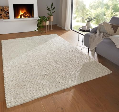 Taracarpet moderner Boho skandi Landhaus Handweb Teppich gewalkt im Zopf Sumakh Design für Wohnzimmer Schlafzimmer und Esszimmer weiß 080x150 cm