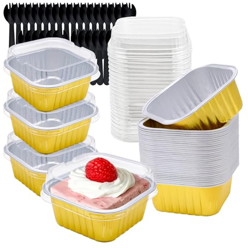 FORYNXHWIN Lot de 30 mini moules à gâteau carrés réutilisables en aluminium avec couvercles et cuillères - 150 ml - Pour pain, dessert, mariage, anniversaire, pique-nique - Doré