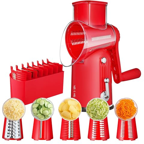 Grattugia Formaggio Manuale 5 in 1 con Manovella e Base a Ventosa, 5 Lame Intercambiabili, Mandolina e Taglia Verdure a Julienne per Verdure, Frutta Secca, Rosso