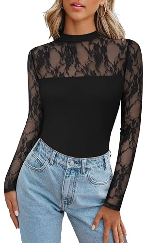 Zeagoo Lace Tops for Womens Mesh Fall Sexy Crew Neck Blouse Slim Fit Shirts | Black lace top, Long sleeve shirt, See through blouses, Going out outfits, Summer Fall clothes, Party Club wear 2026