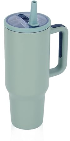Y·J&H 40oz (1200ml) Travel Tumbler Double Wall Vacuum Insulated Coffee Mug Stainless Steel Coffee Cup with Handle and Flip Straw, BPA Free - Sage