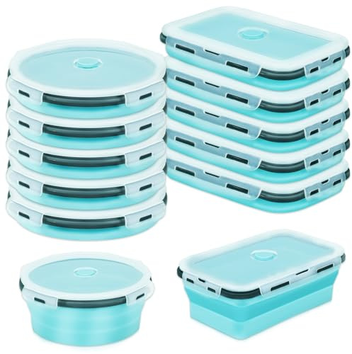 KDXBQ 10 Pack 1200ml Collapsible Silicone Food Storage Containers with Airtight Lids, Stackable Meal Prep Lunch Boxes for Kitchen Pantry Travel, Microwave Freezer Dishwasher Safe(Blue, Grey)