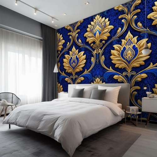 Papel Pintado Barroco Retro, Papel Pintado Pared Azul Marino Oro Lujo de Decorativos del Hogar, para Salon Dormitorio Decoracion Pared, 100x70cm D&Q11