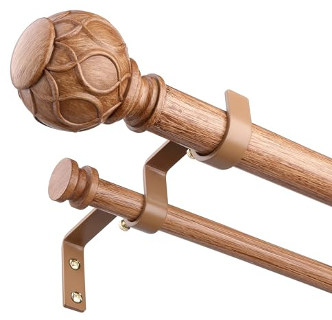 Wood Double Curtain Rod, 72 to 144 Inch Extra Long Dual Curtain Rods with Netted Imitation Wood Grain Finials, Decorative 1 Inch Adjustable Window Treatment Rod, Vintage Farmhouse Double Drapery Pole