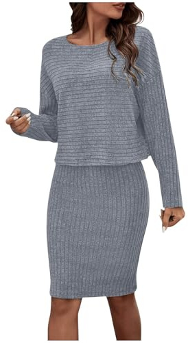 Strick Zweiteiliges Damen Winterrock- und Oberteil-Set Eleganter 2-teiliger Herbststrickrock mit Pullover Freizeitanzug-Set Modernes Damenanzug-Set, grau, XL