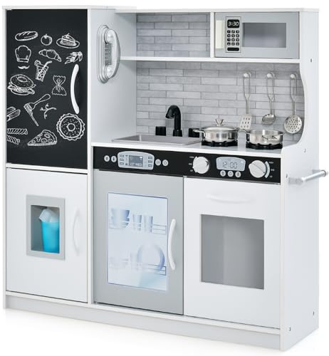 Maxmass Kids Play Kitchen, Wooden Children Pretend Kitchen with Ice Maker, Telephone, Chalkboard, Double Stoves, Dishwasher, Cookware Accessories, Toddler Boys Girls Cooking Toy Playset (Offwhite)
