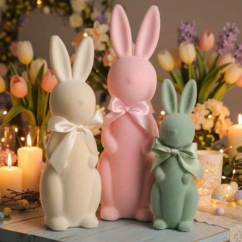 Lanpn 3PCS Flocked Bunny Easter Decorations with Bow Ties, Pastel Rabbit Figurines for Table Centerpieces, Spring Home Ornaments Shelf Decor & Seasonal Gift (Pink, Beige, Green)