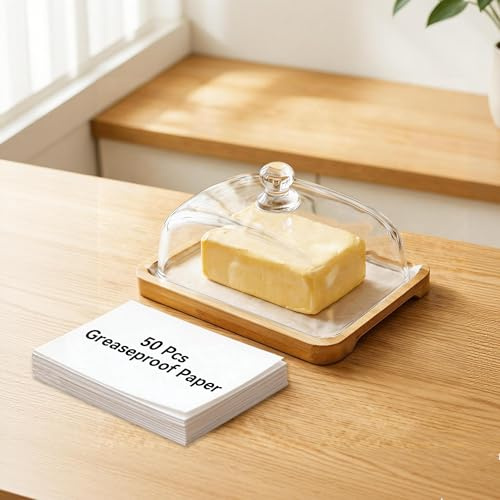 Mantequillera de cristal con tapa, 50 hojas de papel a prueba de grasa, plato de mantequilla para encimera