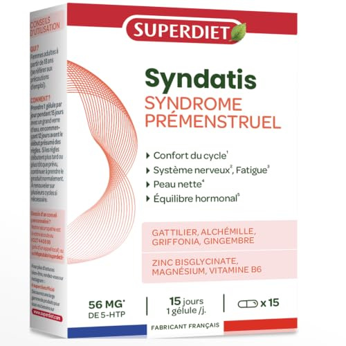 SPM femme - Syndrome prémenstruel - Syndatis - Gélules | Cure de 15 gélules- Magnésium, vitamine B6, Zinc, Gattilier- Fatigue, irritabilité, crampes- Fabrication française- Superdiet