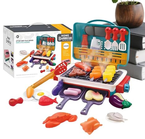 Kids BBQ Grill Playset – 10 Inch Pretend Outdoor Cooking Toy | ABS Kitchen Toy Grill Set – Sizzling Sound Light Color Changing Food Role Play Educational For Preschool Boys Girls Indoor Outdoor Fun