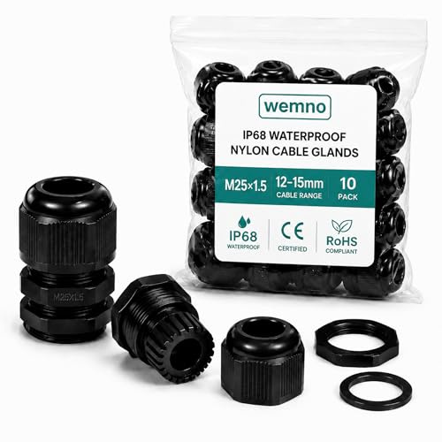 WEMNO 20 Pack M25 Cable Glands IP68 Waterproof | 25mm Nylon Cable Gland Connectors for 12–15mm Cables | Certified CE & RoHS | PA6 Compression Stuffing Gland | Locknut and Gasket Included | Black
