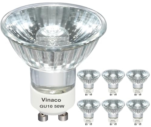 Vinaco GU10 Halogen 50W Bulbs, 6PCS GU10+C 120V 50W Halogen Light Bulbs, GU 10 Dimmable, Warm White, High Brightness MR16 with Glass Cover, Long Lifespan GU 10 50 W for Recessed Track Lighting