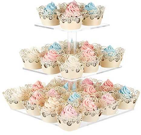 Espositore rotondo per cupcake a 4 ripiani in acrilico per pasticceria, per matrimoni, compleanni, feste a tema (Quadrato - 3 livelli (W 25,4 cm))