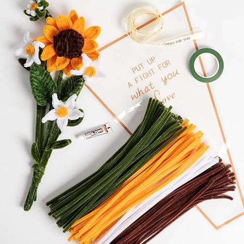 Sonnenblumen Blumenstrauß Pfeifenreiniger Set mit 150 Stück Pfeifenputzer Bunt mit 4 Farben（Braun,Goldgelb,Weiß,Blattgrün),8 Stück Grün Basteldraht,Geschenkpapier,Geschenkband, Klebeband