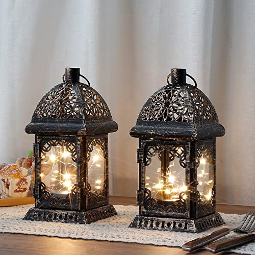 TRIROCKS Set of 2 Decorative Candle Lantern 20cm High Metal Hanging Candlestick Holders Perfect for Home Decor Living Room Parties Events Tabletop Indoors Outdoors (Black)
