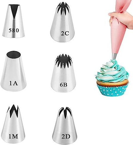KQNM Set di 6 beccucci in Acciaio Inossidabile, (580, 2D, 2C, 1M, 1A, 6B) per Decorare Torte, Cupcake, Biscotti, pasticcini, Prodotti da Forno Fai da Te, beccucci per Decorare Accessori