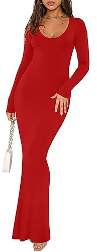 REORIA Women's Sexy Scoop Neck Long Sleeve Lounge Long Dress Ribbed Bodycon Maxi Dresses