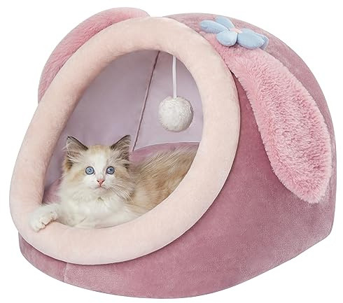 Jiupety Mignon Grotte pour Chat, Panier pour Chats Interieur, Lit Chat M (38 cm x 37 cm x 32 cm), Cat Bed avec Coussin Lavable et Amovible, Niche pour Chats avec Semelle Antidérapante, Rabbit