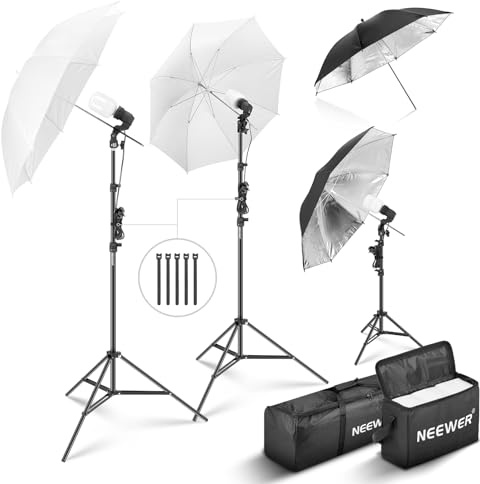 NEEWER 600W Photography Lighting Kit, Incandescent Equivalent Studio Kit with (2)White Umbrella, (2)Black Umbrella, (3)24W LED Bulb, (3)Light Stand, (2)Bag, (5)Cable Tie, (3)E27 Socket Base, NK500