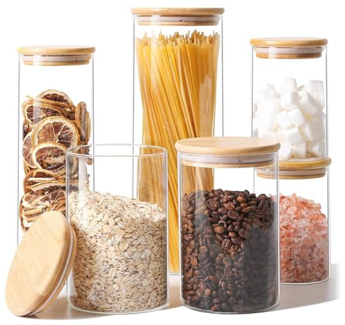ComSaf Glass Food Storage Jars Set of 6, Clear Glass Storage Containers with Lids, Canisters Sets for the kitchen, Spaghetti, Pasta, Flour, Nuts, Oat, Coffee and Sugar Container, Pantry Organization
